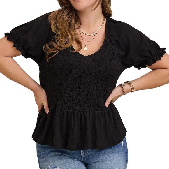 NWT! Torrid Cotton Modal Slub Smocked Short Sleeve Babydoll Blouse Black 5x - Picture 1 of 4